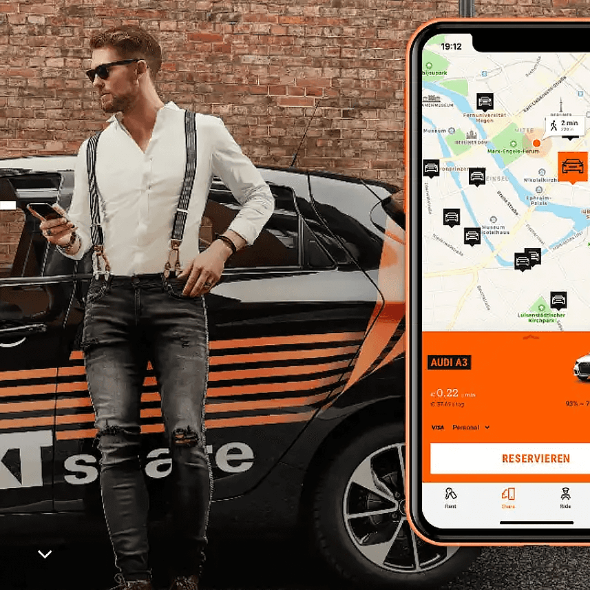 Background image of man standing in front of Sixt rental car; close up of a smartphone showing Sixt app in foreground.